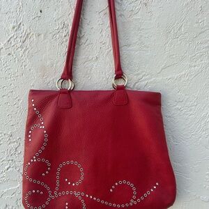 Berge Made In Italy Red Pebble Leather Shoulder Bag With Studs and Rhinestone